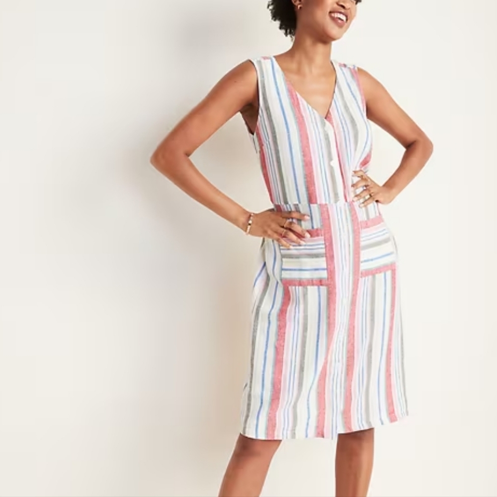 Old Navy Linen Blend Striped Sleeveless Button Front Dress w/Pockets Size Medium